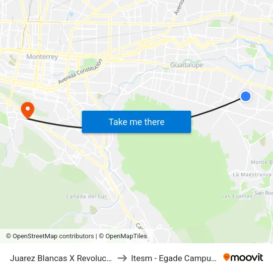 Juarez Blancas X Revolucion Proletaria to Itesm - Egade Campus Monterrey map
