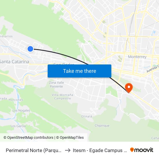 Perimetral Norte (Parque Hundido) to Itesm - Egade Campus Monterrey map