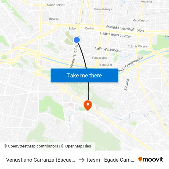 Venustiano Carranza (Escuela Normal Superior) to Itesm - Egade Campus Monterrey map