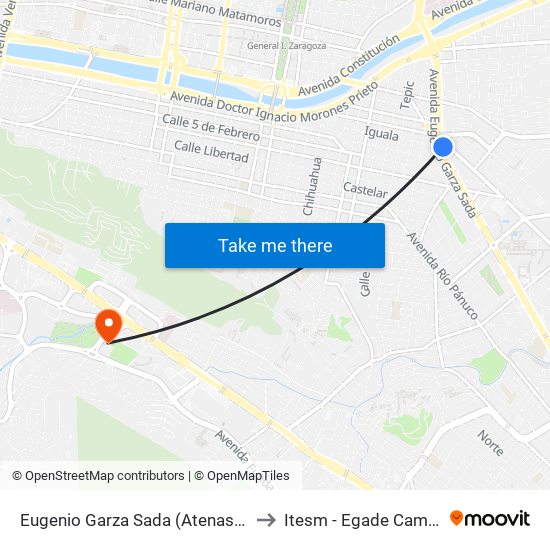 Eugenio Garza Sada (Atenas - Junco de La Vega) to Itesm - Egade Campus Monterrey map