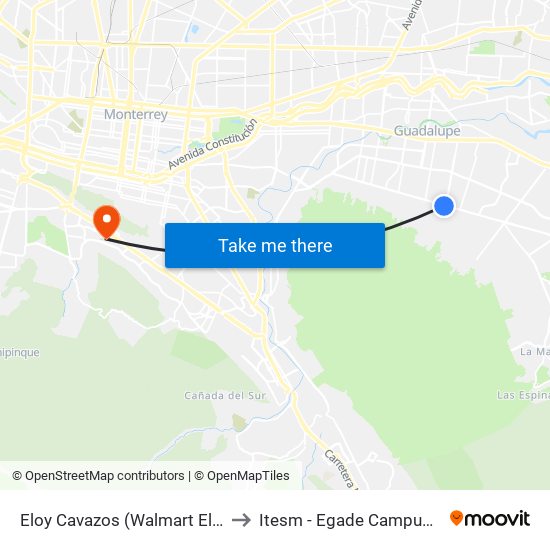 Eloy Cavazos (Walmart Eloy Cavazos) to Itesm - Egade Campus Monterrey map