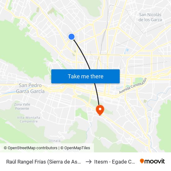 Raúl Rangel Frías (Sierra de Ascotán - Arturo B. de La Garza) to Itesm - Egade Campus Monterrey map