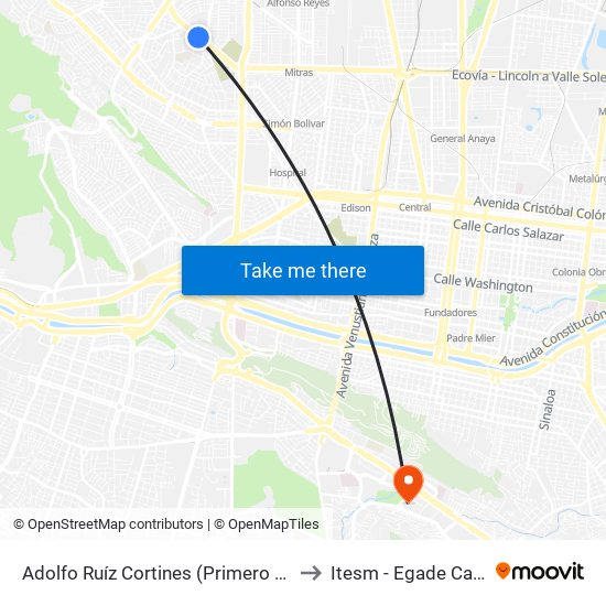 Adolfo Ruíz Cortines (Primero de Mayo - Nueva Inglaterra) to Itesm - Egade Campus Monterrey map
