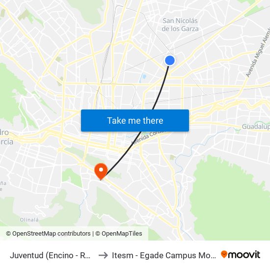 Juventud (Encino - Rubens) to Itesm - Egade Campus Monterrey map