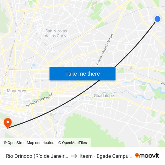 Río Orinoco (Río de Janeiro - San Isidro) to Itesm - Egade Campus Monterrey map