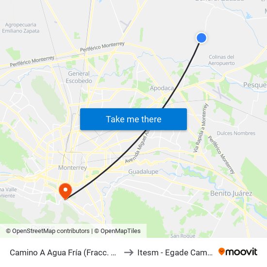 Camino A Agua Fría (Fracc. Valle de Santa Elena) to Itesm - Egade Campus Monterrey map