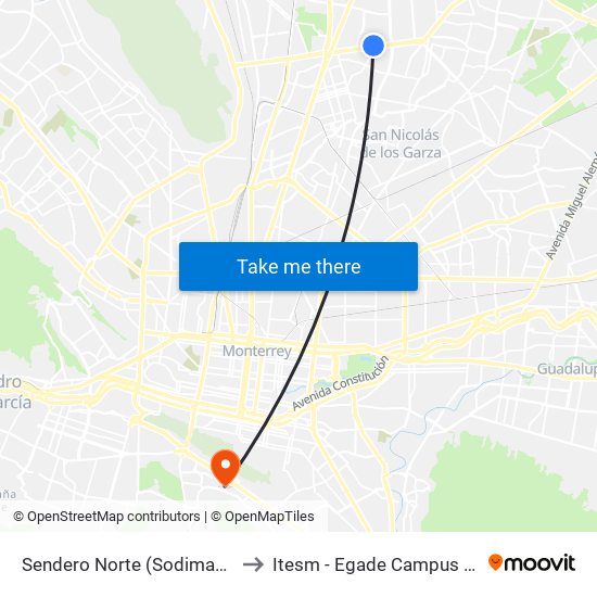 Sendero Norte (Sodimac Sendero) to Itesm - Egade Campus Monterrey map