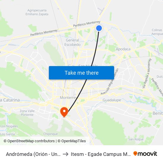 Andrómeda (Orión - Unicornio) to Itesm - Egade Campus Monterrey map