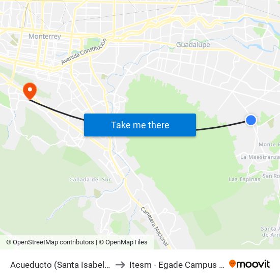 Acueducto (Santa Isabel - Principal) to Itesm - Egade Campus Monterrey map