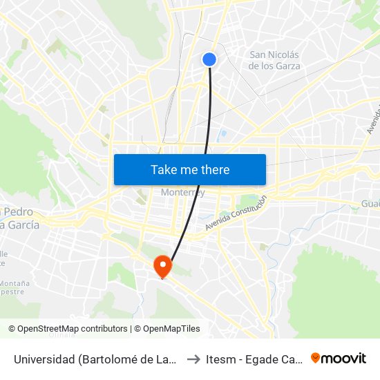 Universidad (Bartolomé de Las Casas - 18 de Diciembre) to Itesm - Egade Campus Monterrey map