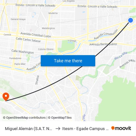 Miguel Alemán (S.A.T. Nuevo León) to Itesm - Egade Campus Monterrey map