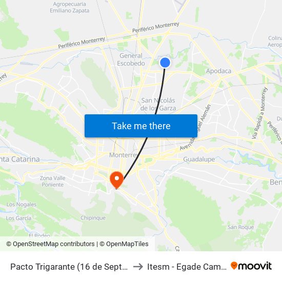 Pacto Trigarante (16 de Septiembre - Insurgentes) to Itesm - Egade Campus Monterrey map