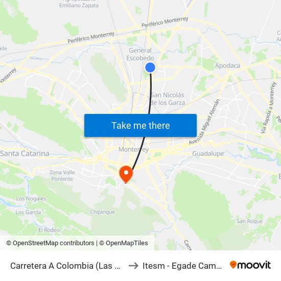 Carretera A Colombia (Las Hadas Residencial) to Itesm - Egade Campus Monterrey map