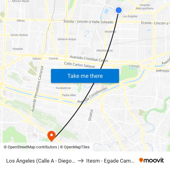 Los Ángeles (Calle A - Diego Díaz de Berlanga) to Itesm - Egade Campus Monterrey map