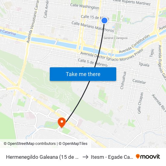 Hermenegildo Galeana (15 de Mayo - Juan Ignacio Ramón) to Itesm - Egade Campus Monterrey map
