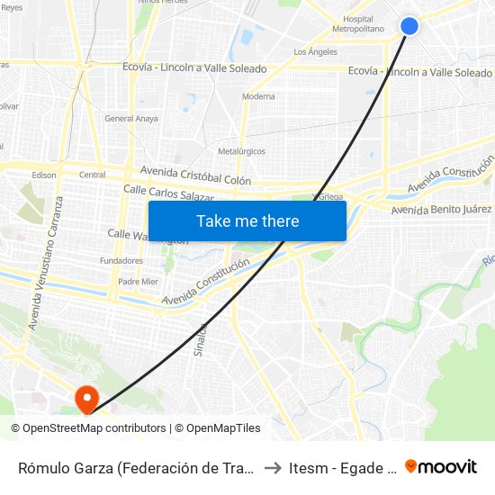 Rómulo Garza (Federación de Trabajadores de Nuevo León - Juan Pablo II) to Itesm - Egade Campus Monterrey map