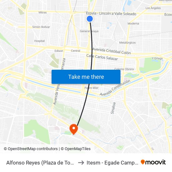 Alfonso Reyes (Plaza de Toros de Monterrey) to Itesm - Egade Campus Monterrey map