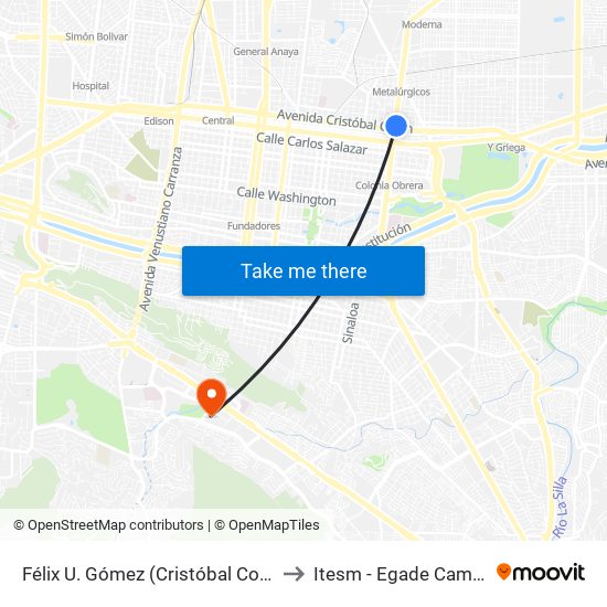 Félix U. Gómez (Cristóbal Colón - Ramón Treviño) to Itesm - Egade Campus Monterrey map