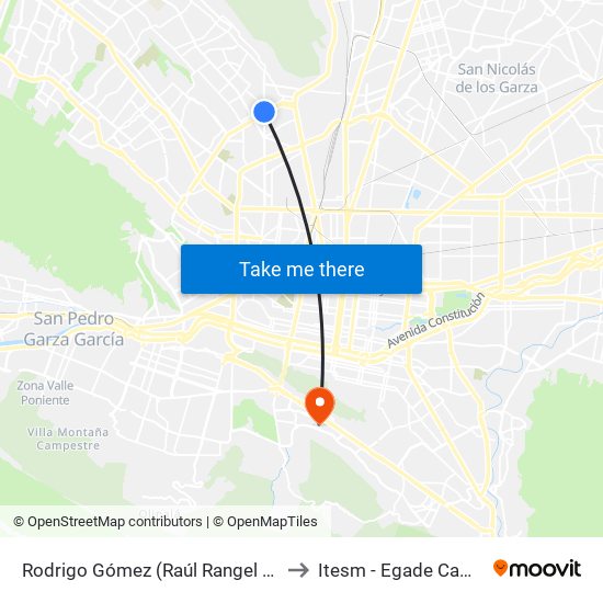 Rodrigo Gómez (Raúl Rangel Frías - Rodrigo Gómez) to Itesm - Egade Campus Monterrey map