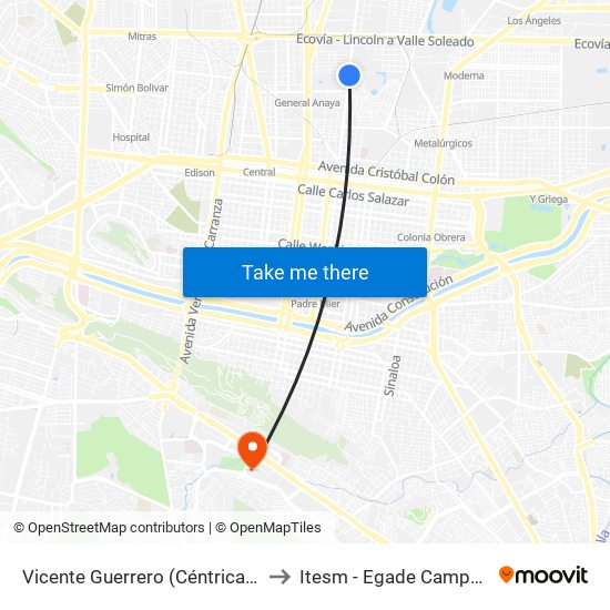 Vicente Guerrero (Céntrica - La Chimenea) to Itesm - Egade Campus Monterrey map