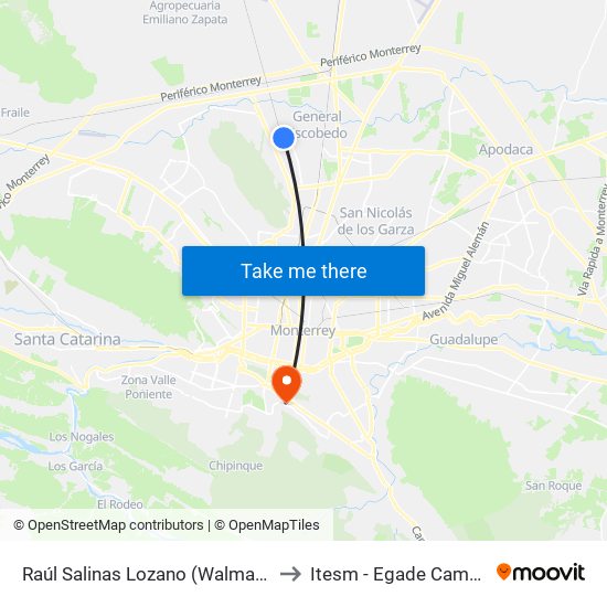 Raúl Salinas Lozano (Walmart Escobedo Norte) to Itesm - Egade Campus Monterrey map