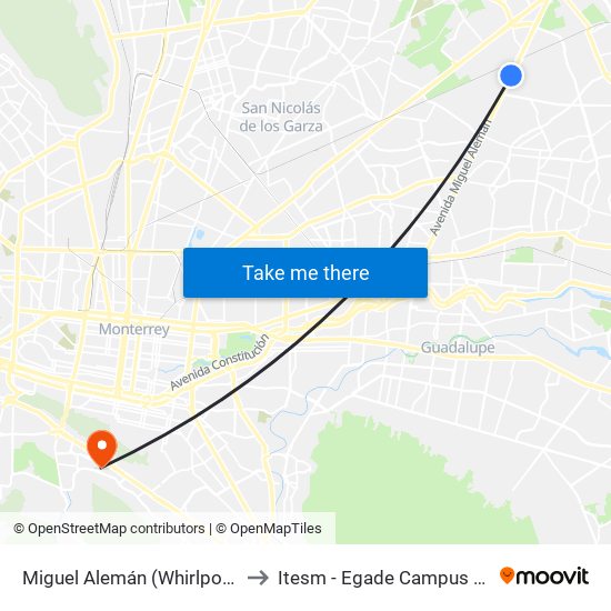 Miguel Alemán (Whirlpool México) to Itesm - Egade Campus Monterrey map