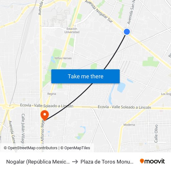 Nogalar (República Mexicana - San Nicolás) to Plaza de Toros Monumental Monterrey map