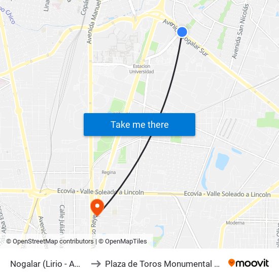 Nogalar (Lirio - Amapola) to Plaza de Toros Monumental Monterrey map