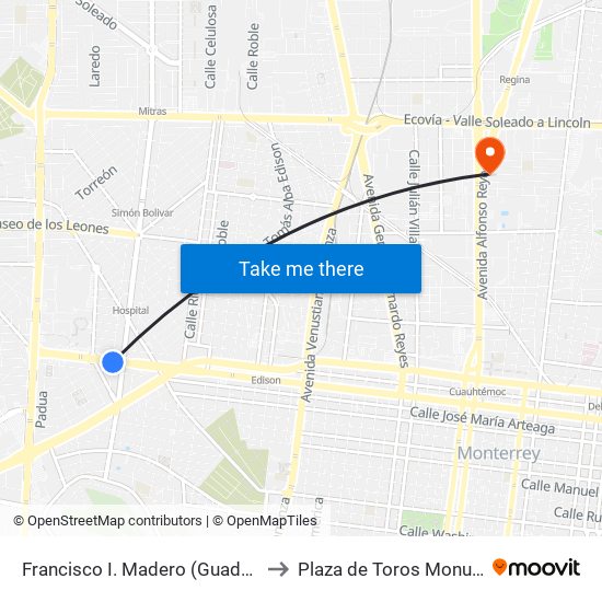 Francisco I. Madero (Guadalajara - Simón Bolívar) to Plaza de Toros Monumental Monterrey map