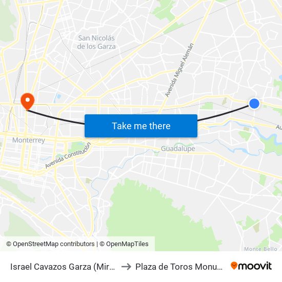 Israel Cavazos Garza (Miravalle - Valle Alegre) to Plaza de Toros Monumental Monterrey map
