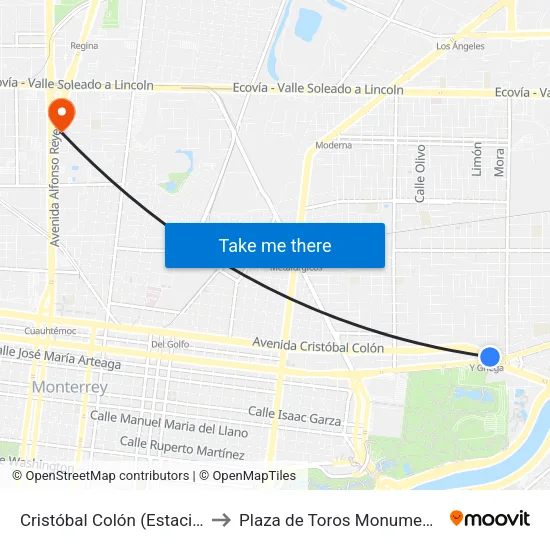 Cristóbal Colón (Estación Y Griega) to Plaza de Toros Monumental Monterrey map