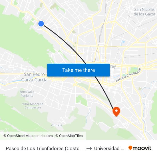 Paseo de Los Triunfadores (Costco Wholesale Cumbres) to Universidad Tecmilenio map