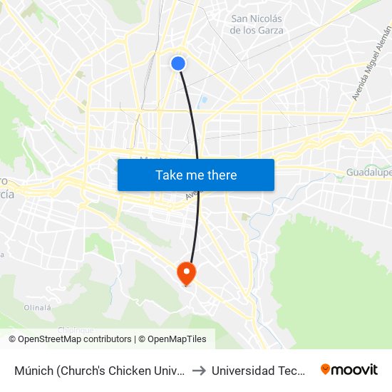 Múnich (Church's Chicken Universidad) to Universidad Tecmilenio map