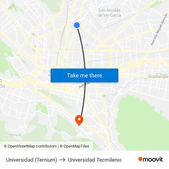 Universidad (Ternium) to Universidad Tecmilenio map