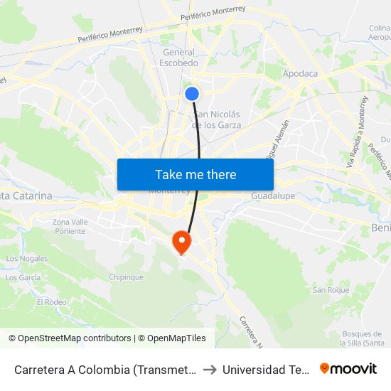 Carretera A Colombia (Transmetro Metroplex) to Universidad Tecmilenio map