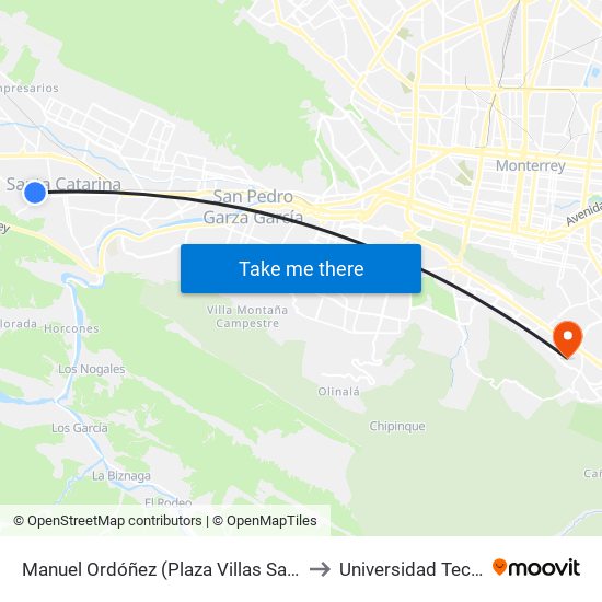 Manuel Ordóñez (Plaza Villas Santa Catarina) to Universidad Tecmilenio map