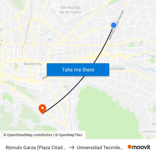 Rómulo Garza (Plaza Citadel) to Universidad Tecmilenio map
