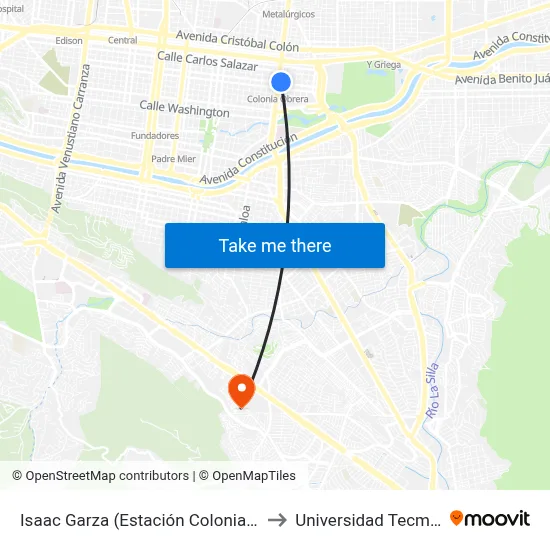 Isaac Garza (Estación Colonia Obrera) to Universidad Tecmilenio map