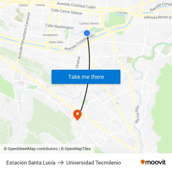 Estación Santa Lucía to Universidad Tecmilenio map