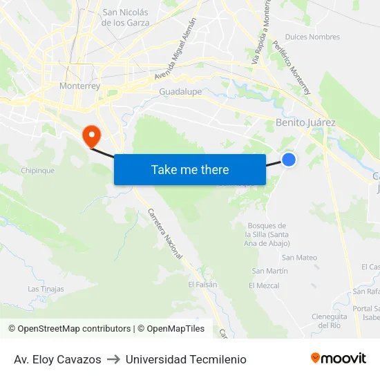 Av. Eloy Cavazos to Universidad Tecmilenio map