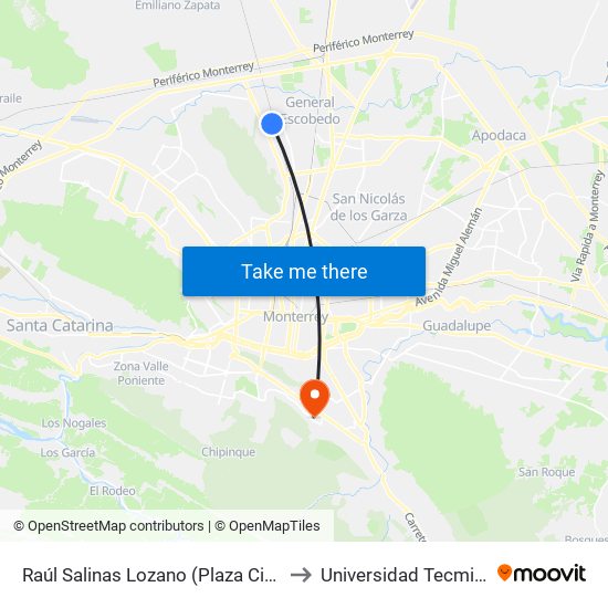 Raúl Salinas Lozano (Plaza Citadina) to Universidad Tecmilenio map