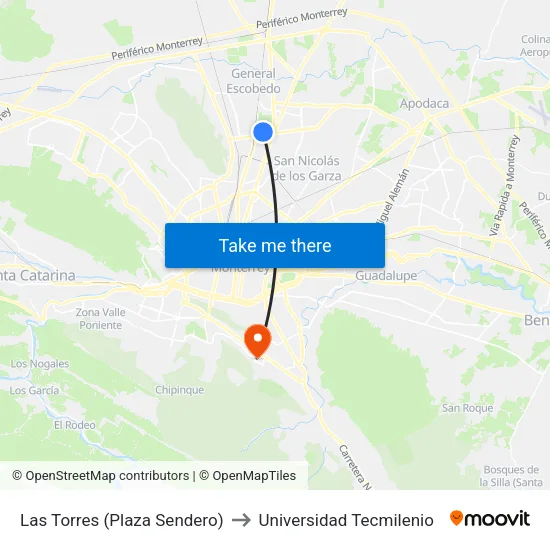 Las Torres (Plaza Sendero) to Universidad Tecmilenio map