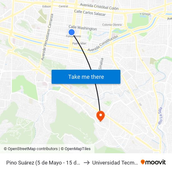 Pino Suárez (5 de Mayo - 15 de Mayo) to Universidad Tecmilenio map