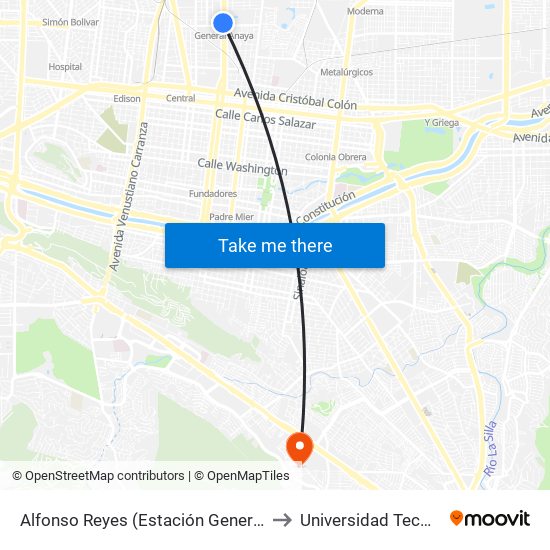 Alfonso Reyes (Estación General Anaya) to Universidad Tecmilenio map