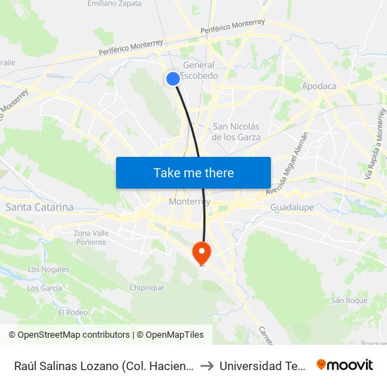 Raúl Salinas Lozano (Col. Hacienda Los Ayala) to Universidad Tecmilenio map
