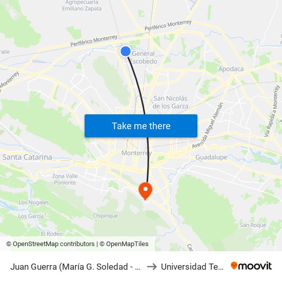 Juan Guerra (María G. Soledad - Nicolás Bravo) to Universidad Tecmilenio map