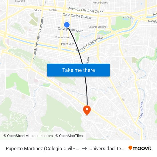 Ruperto Martínez (Colegio Civil - Juan Méndez) to Universidad Tecmilenio map