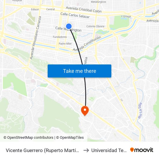 Vicente Guerrero (Ruperto Martínez - Aramberri) to Universidad Tecmilenio map
