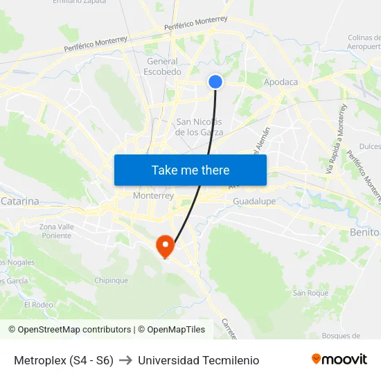 Metroplex (S4 - S6) to Universidad Tecmilenio map
