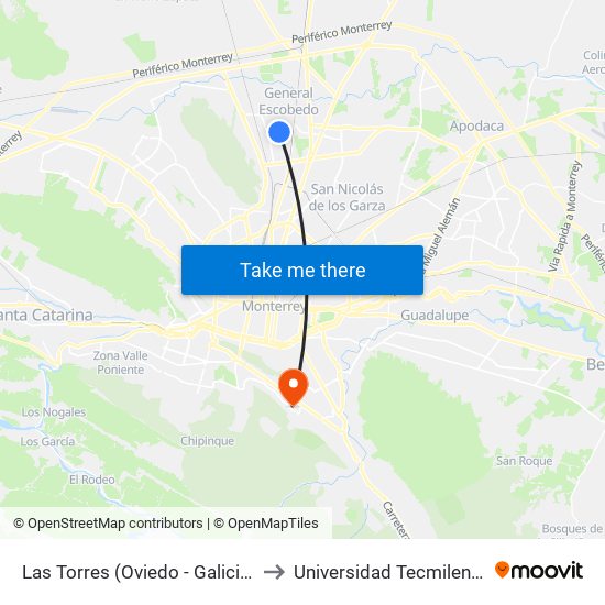 Las Torres (Oviedo - Galicia) to Universidad Tecmilenio map